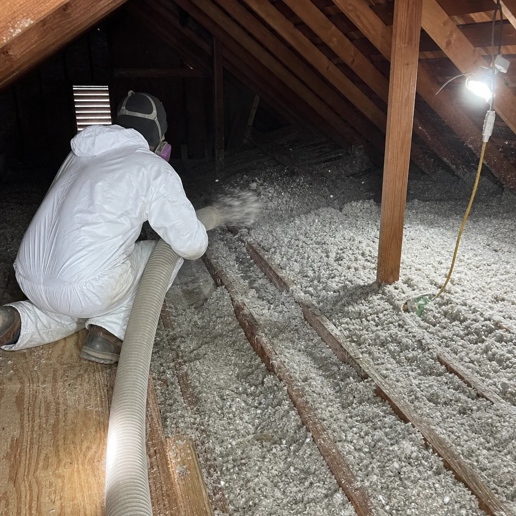 Professional contractor blowing loose-fill insulation into attic rafters