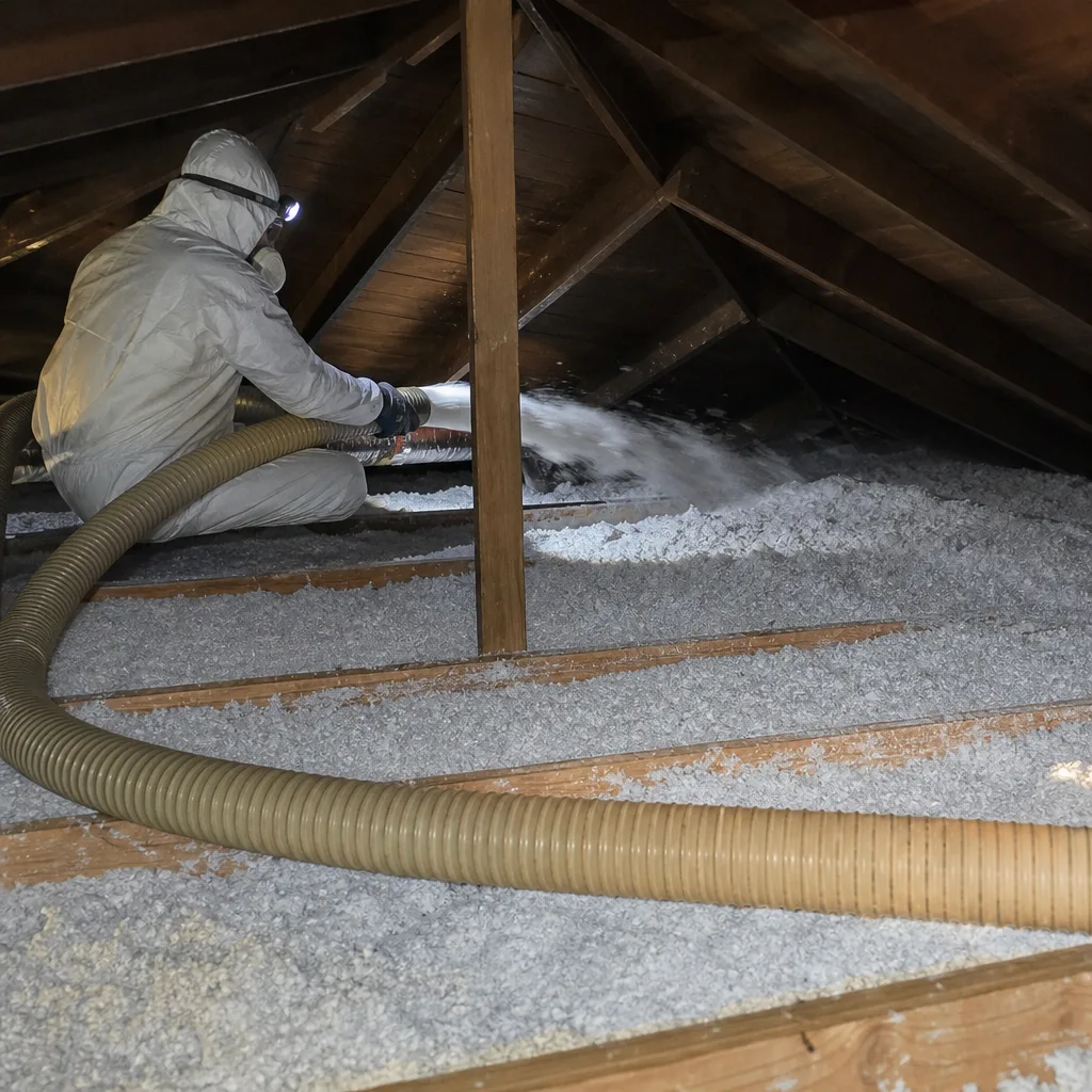 Professional technician installing blown-in attic insulation with protective safety gear
