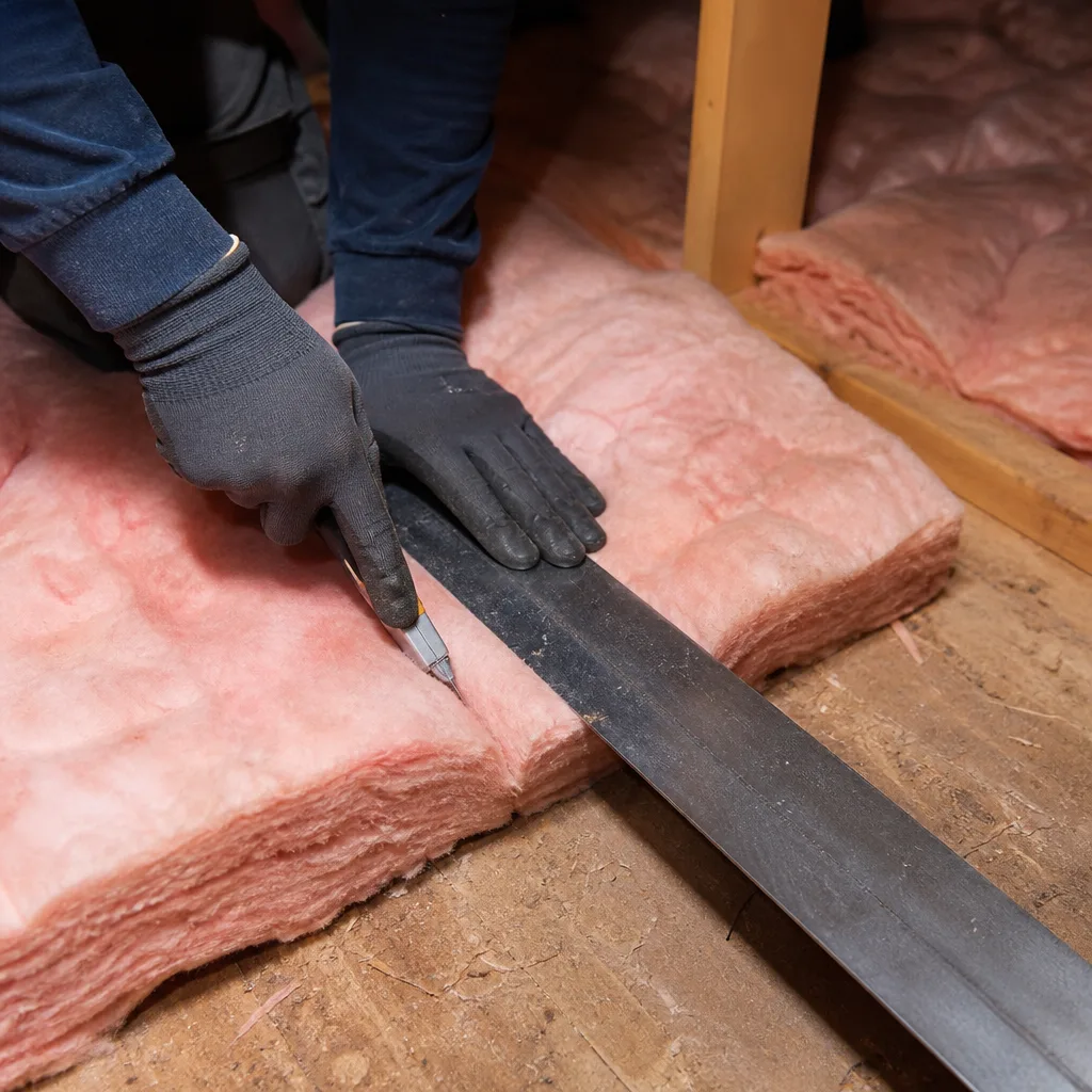 Professional cutting pink fiberglass insulation in an attic for installation