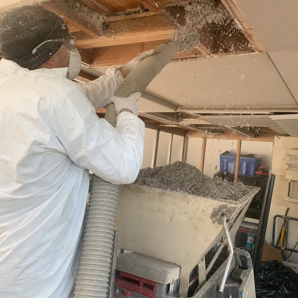 Professional performing industrial cellulose insulation removal using a vacuum hose