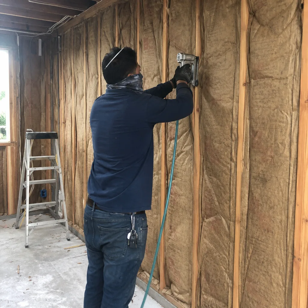 Professional contractor installing fiberglass batt insulation between wall studs