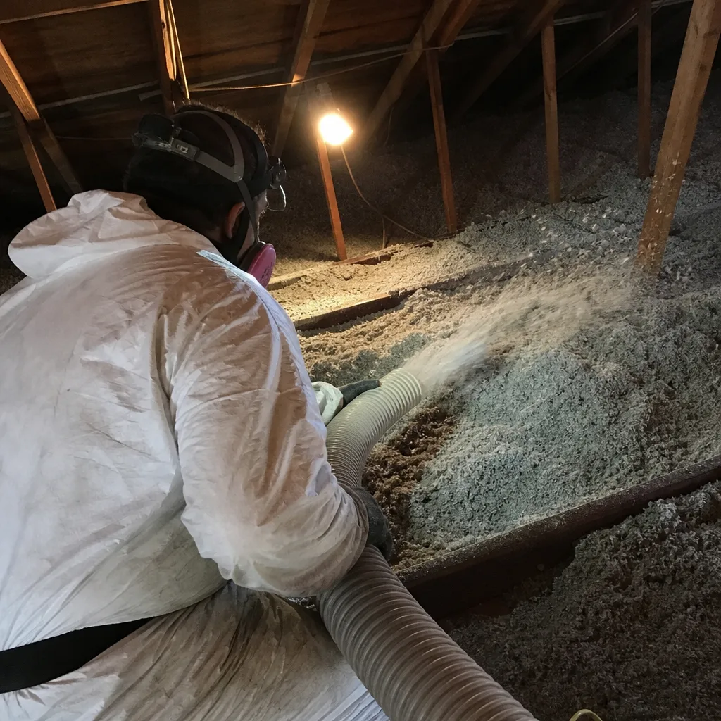 Professional performing attic insulation removal with industrial vacuum hose