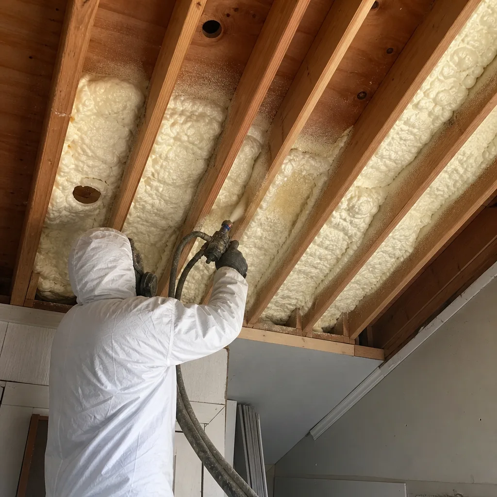 Contractor applying spray foam insulation between wooden ceiling joists