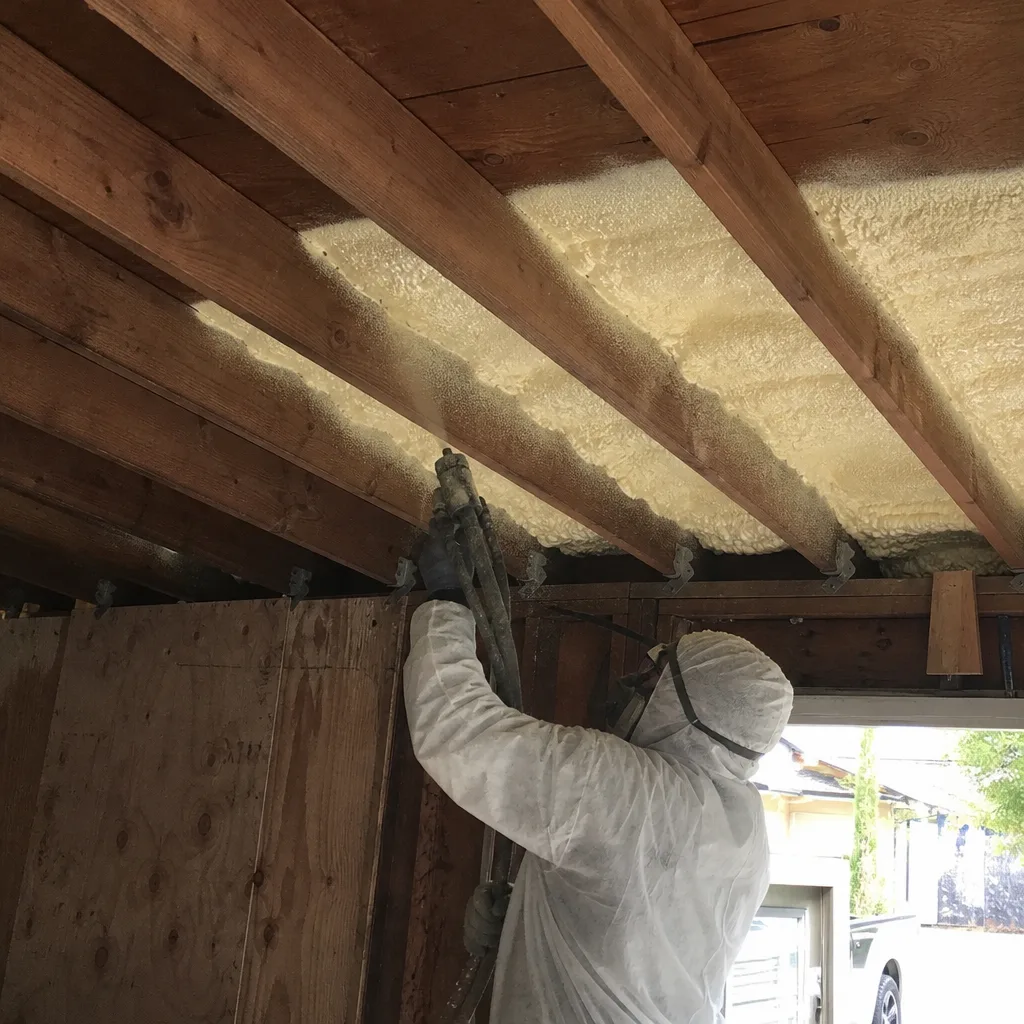 Professional contractor applying spray foam insulation to a wooden ceiling