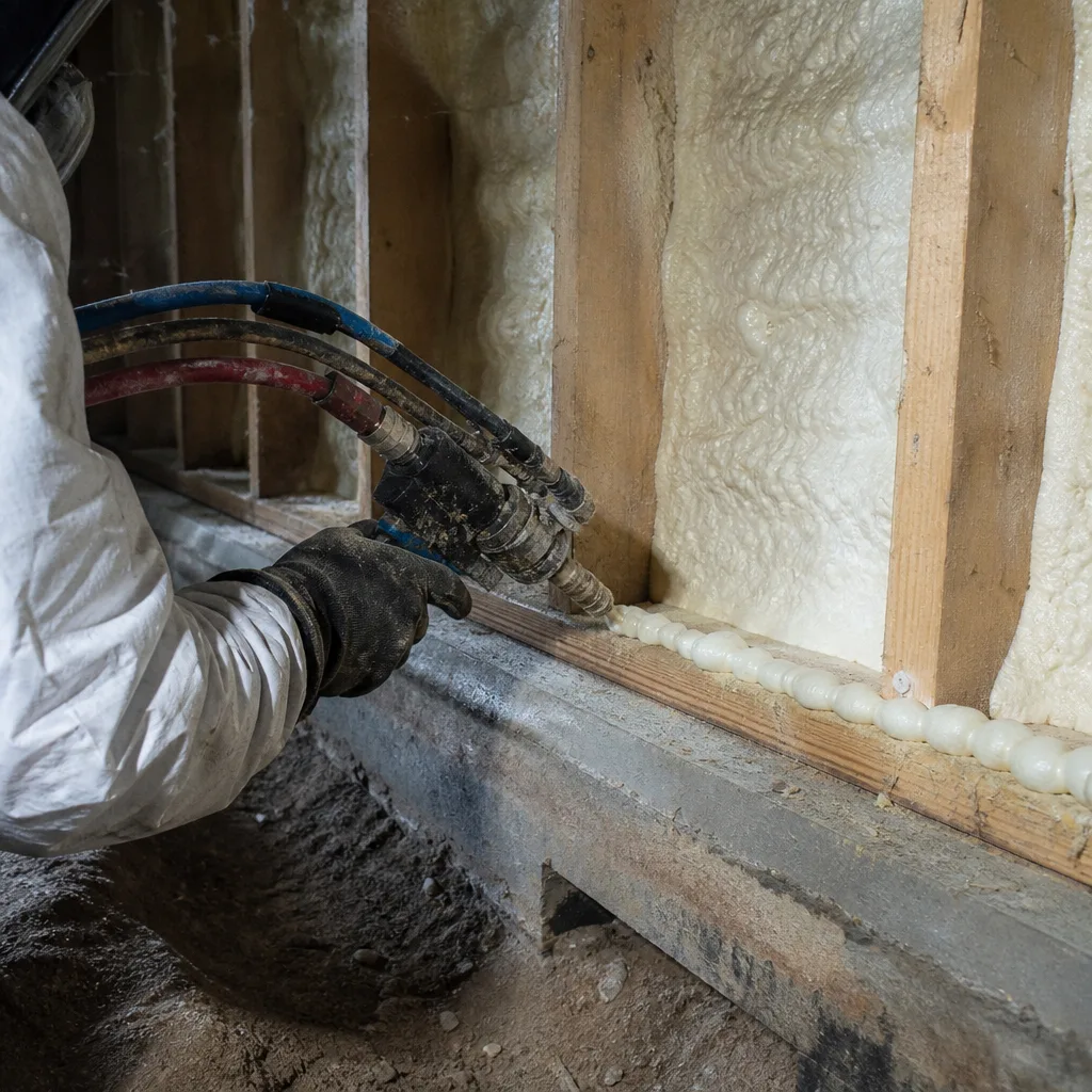 Professional applying spray foam insulation to wooden wall studs